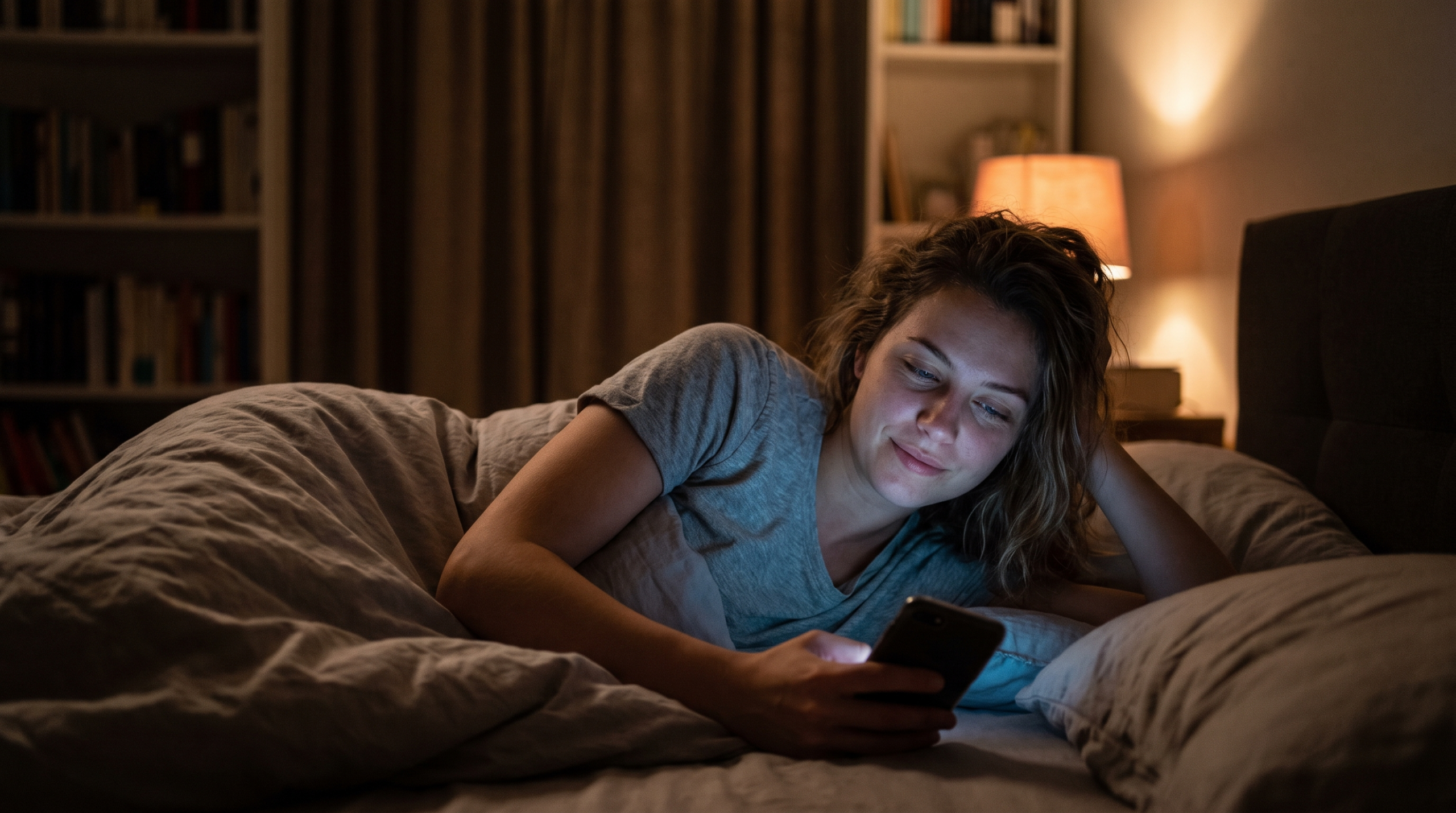 Junge Frau abends im Bett mit dem kühlen blauen Licht ihres Smartphones