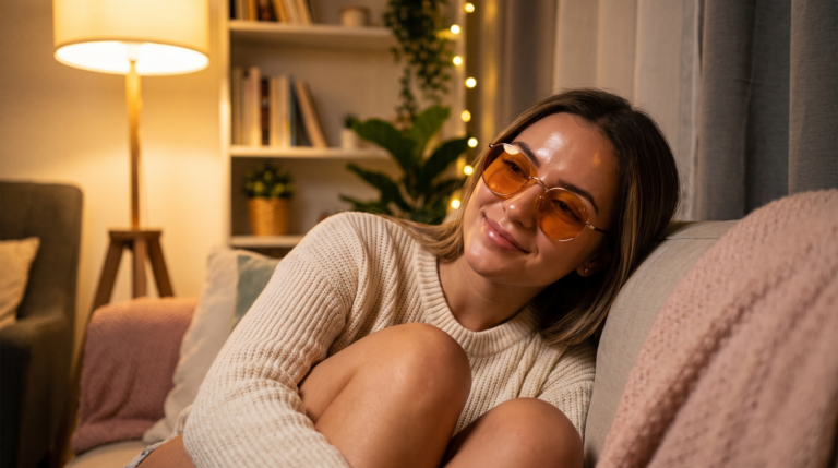 Frau entspannt abends auf dem Sofa mit Photon Pro Blaulichtfilter-Brille