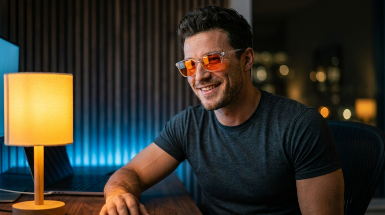 Mann mit orange getönter Blaulichtfilter-Brille sitzt abends am Schreibtisch, kühles Bildschirmlicht trifft auf das warme Licht einer Tischlampe