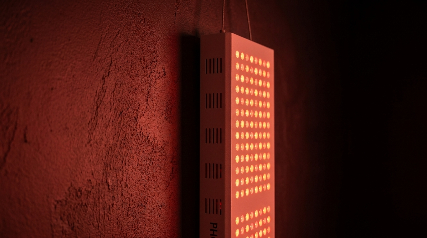 Detailaufnahme der LED-Front des Photon Panel L an einer dunklen Wand