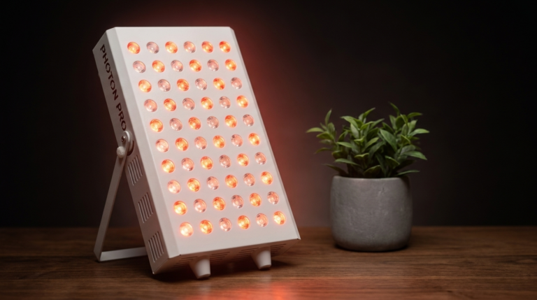 Kompaktes Photon Panel M mit 60 LEDs steht auf seinem Klappständer auf einem dunklen Holztisch und leuchtet warm rot