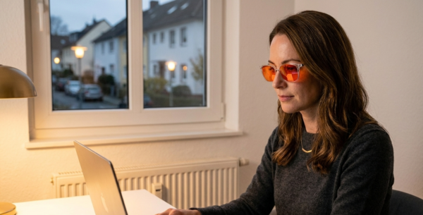 Frau arbeitet abends am Laptop in einer deutschen Wohnung und trägt eine orange getönte Photon Pro Blaulichtfilter-Brille