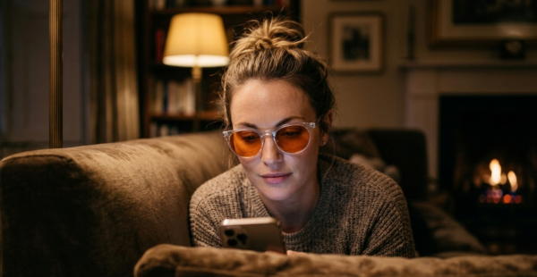 Frau trägt am Abend auf dem Sofa die Photon Pro Miami Blaulichtfilter-Brille mit orange getönten Gläsern, Gesicht mittig im Banner