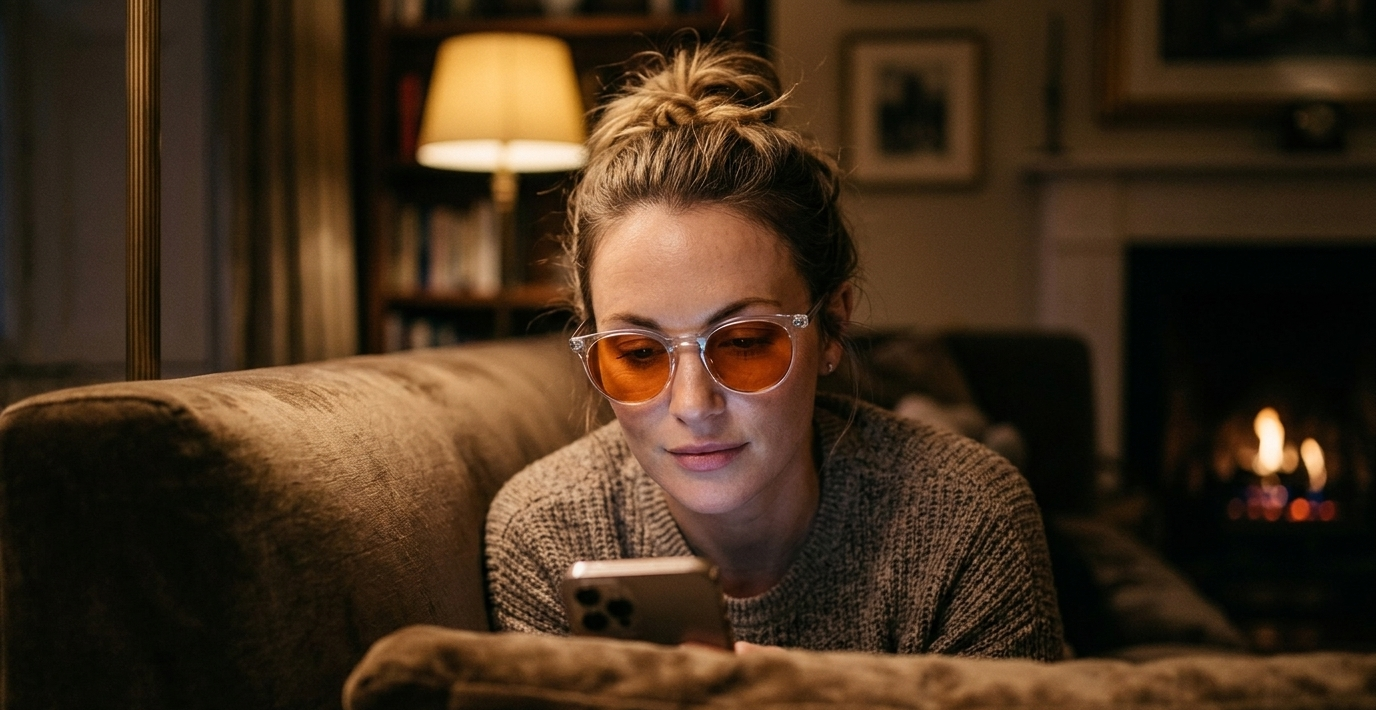 Frau trägt am Abend auf dem Sofa die Photon Pro Miami Blaulichtfilter-Brille mit orange getönten Gläsern, Gesicht mittig im Banner
