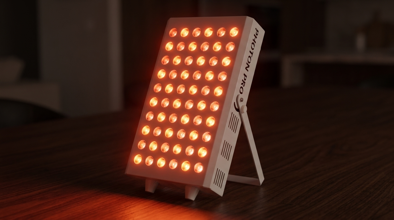 Kompaktes Photon Panel M leuchtet warm rot auf seinem Klappständer auf einem dunklen Holztisch