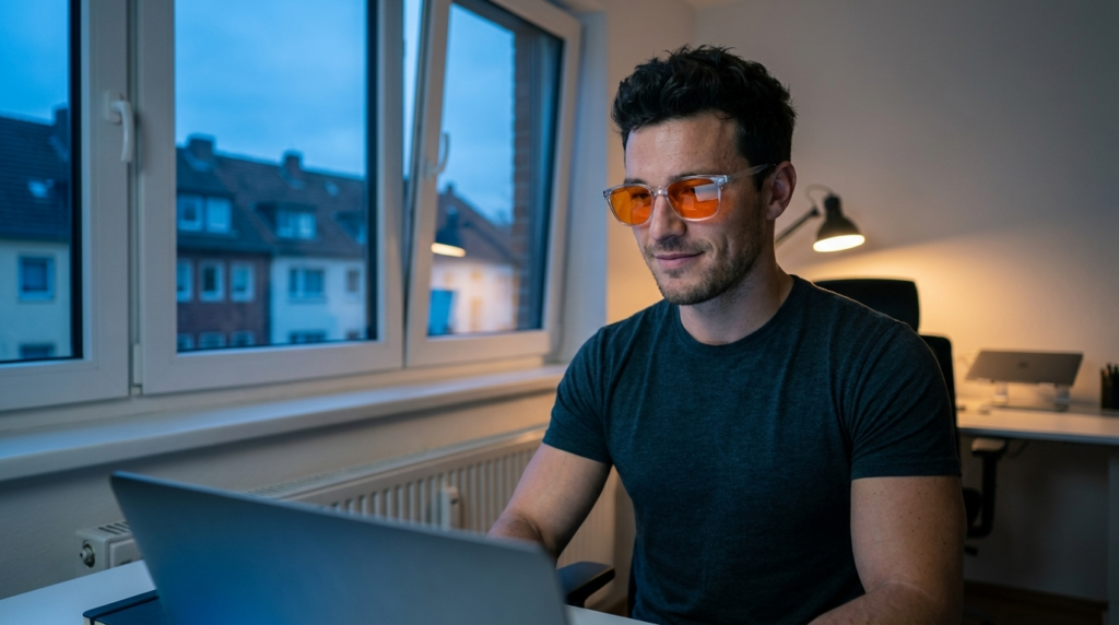 Junger Mann mit orange getönter Blaulichtfilter-Brille am Laptop bei blauem Abendlicht