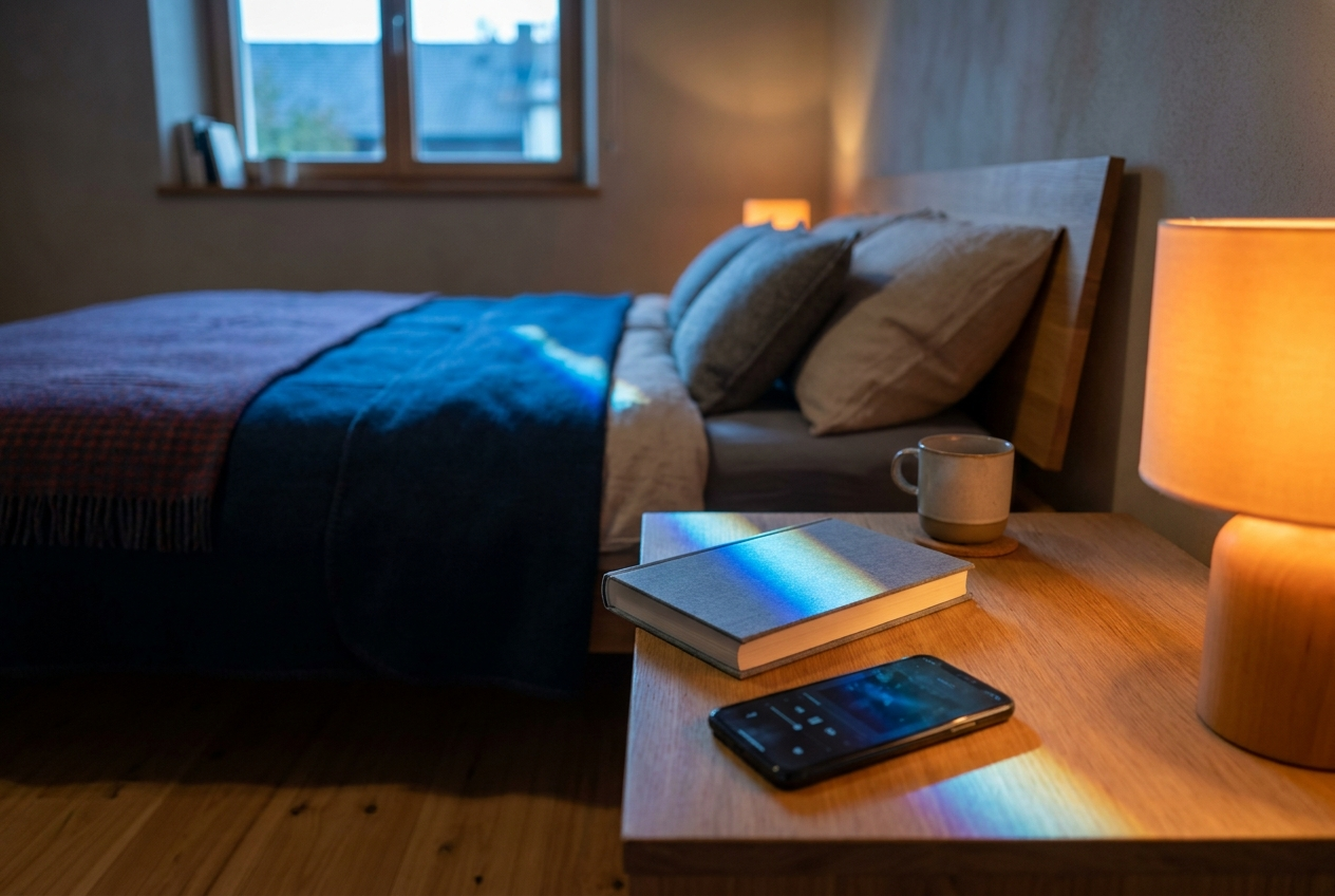 Schlafzimmer mit blauem Tageslicht und warmer Abendlampe als Symbol für den zirkadianen Rhythmus