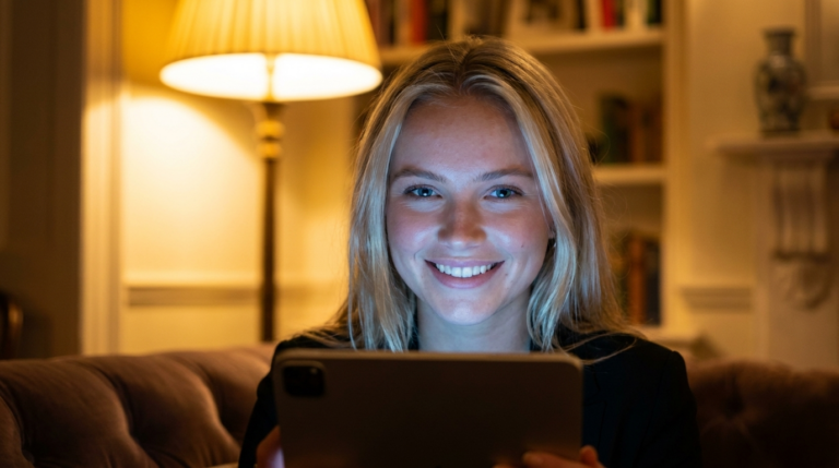 Junge Frau sitzt abends entspannt auf dem Sofa, das Licht ihres Tablets fällt auf ihr Gesicht