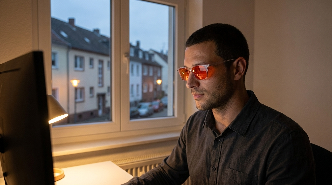 Mann arbeitet abends am Monitor in einer typisch deutschen Wohnung und trägt eine orange getönte Blaulichtfilter-Brille (Modell Houston) von Photon Pro