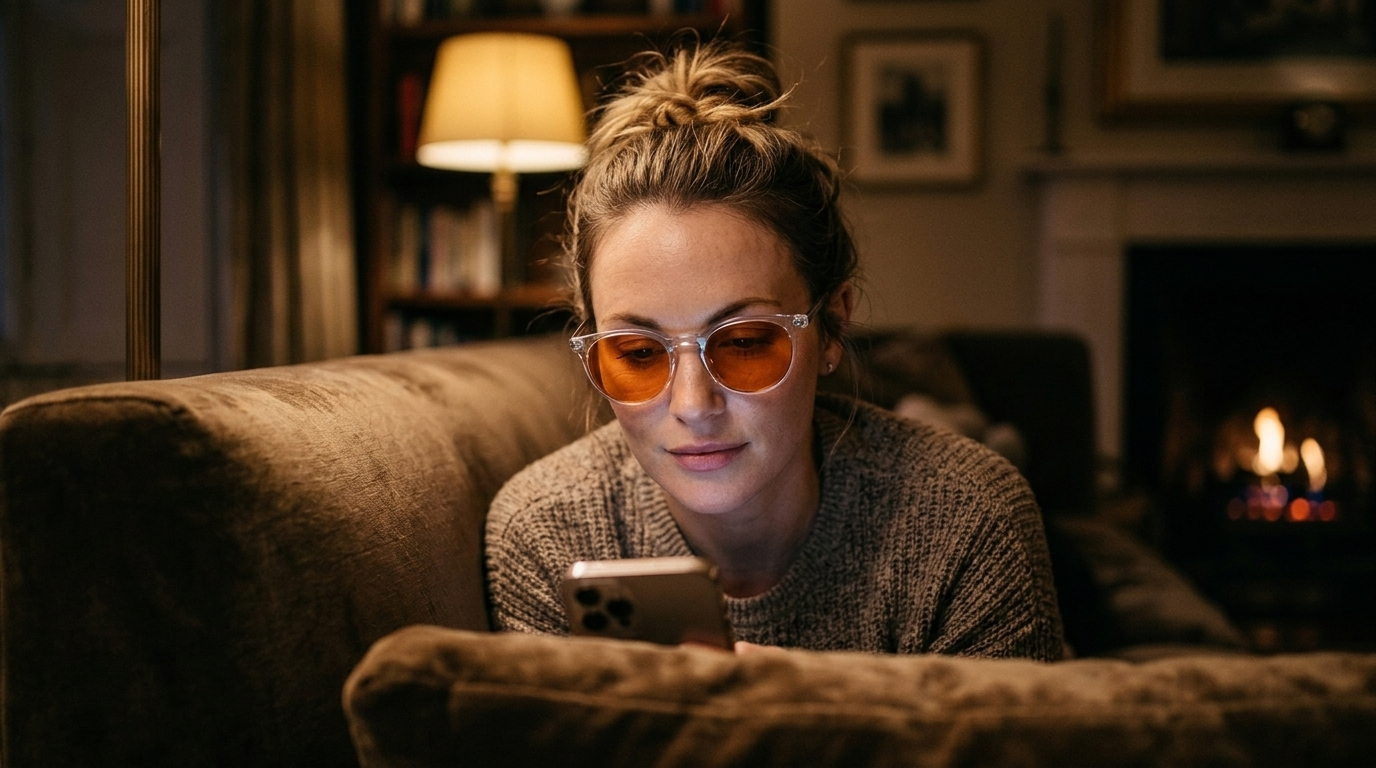 Frau traegt am Abend auf dem Sofa die Photon Pro Miami Blaulichtfilter-Brille mit orange getoenten Glaesern und schaut aufs Smartphone