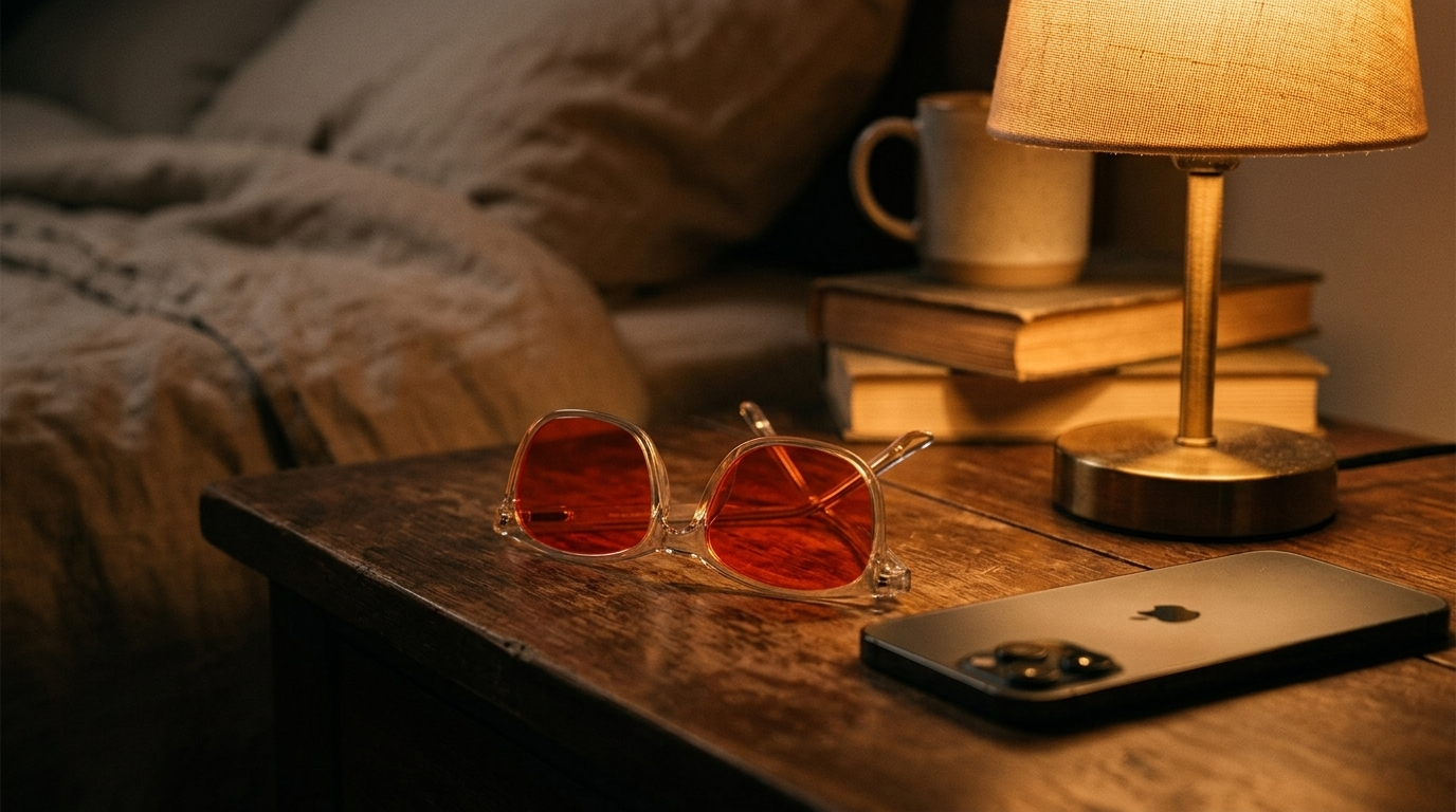 Blaulichtfilter-Brille mit amber Glaesern liegt abends auf einem Nachttisch neben einer warmen Lampe