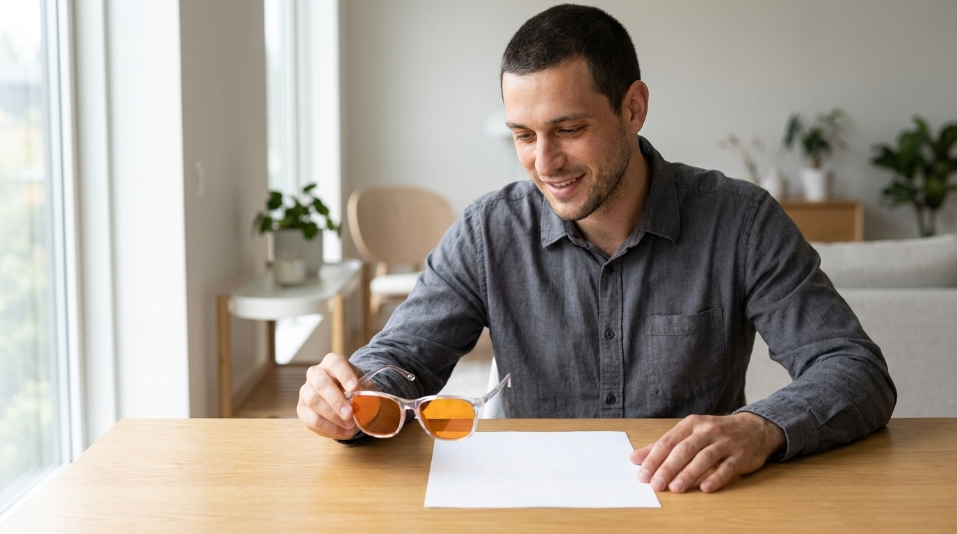 Mann hält ein Brillenglas über ein weißes Blatt Papier, die Fläche erscheint durch das orange Glas deutlich wärmer