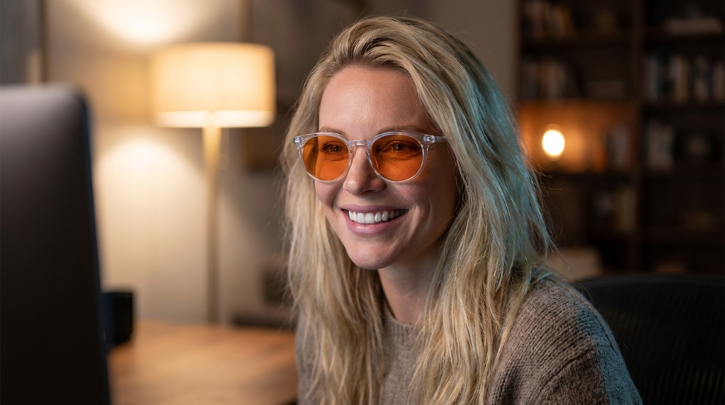 Frau am Schreibtisch trägt eine runde Blueblocker-Brille mit klarem Rahmen und orange getönten Gläsern