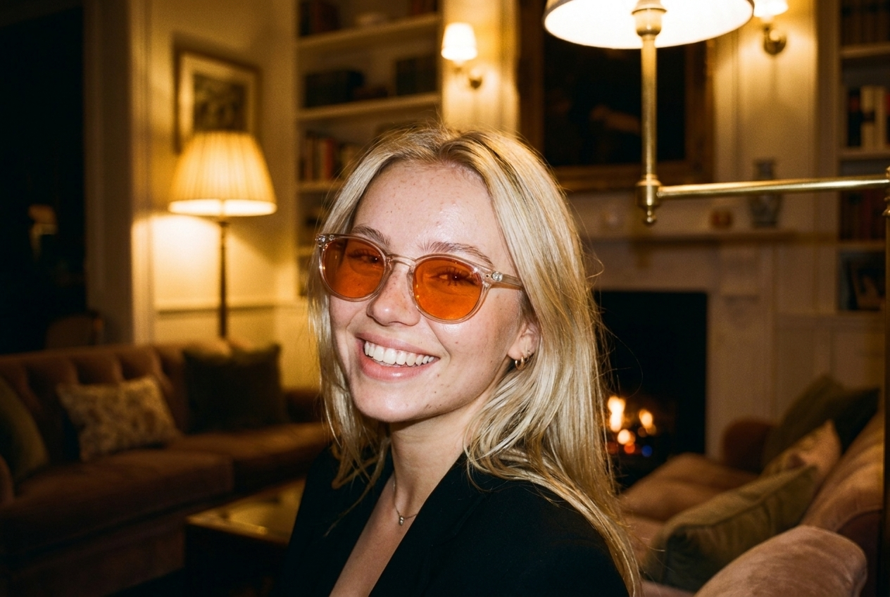 Junge Frau mit orange getönter Miami Blaulichtfilter-Brille am Abend