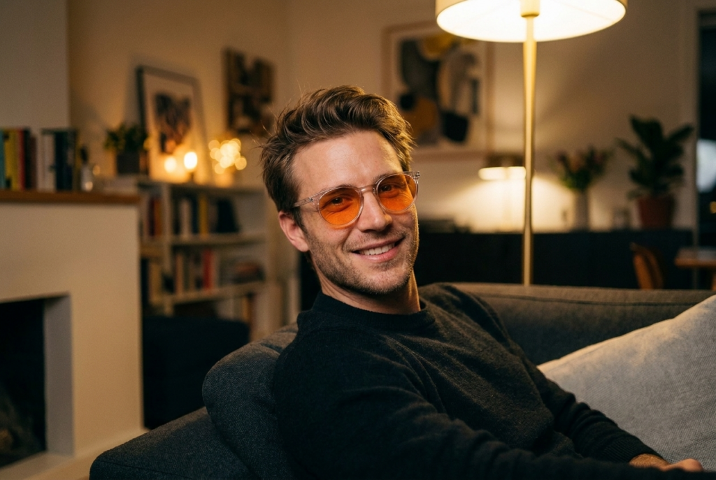 Junger Mann mit orange getönter Houston Blaulichtfilter-Brille lächelt entspannt abends auf dem Sofa