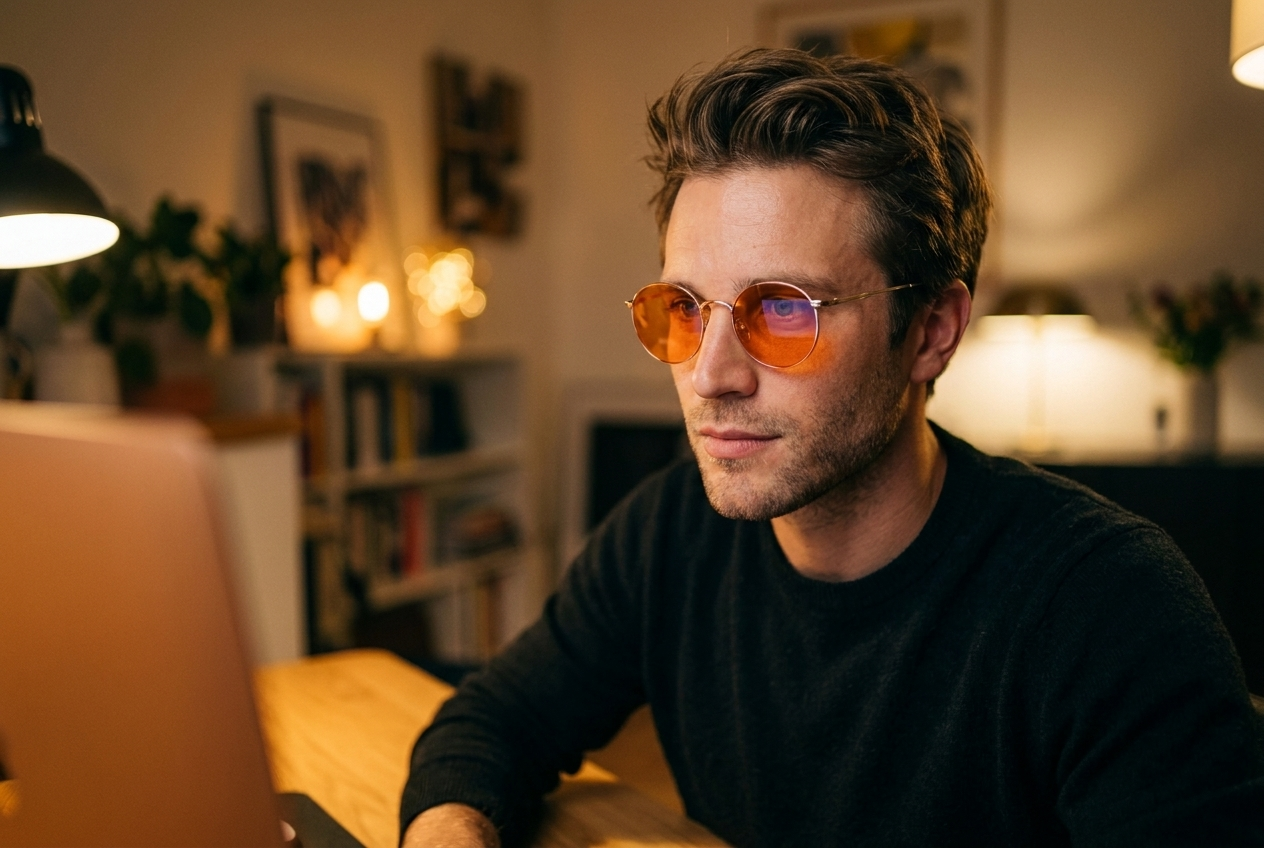 Junger Mann mit orange getönter New York Blaulichtfilter-Brille am Abend