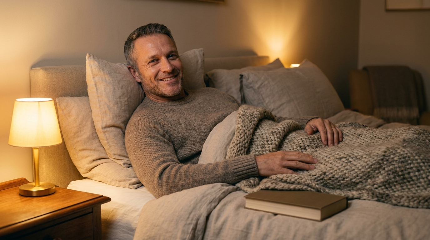 Mann ruht sich entspannt mit einer Wolldecke im Bett aus