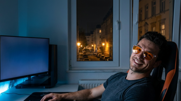 Junger athletischer Gamer mit warm orange getoenter Gaming-Brille mit klarem Rahmen am naechtlichen Setup, deutsche Strasse im Fenster