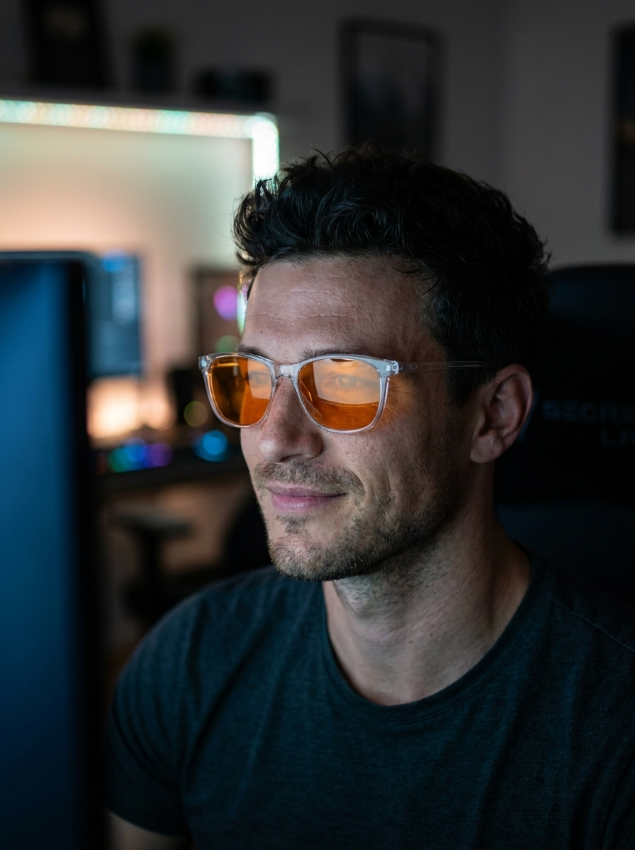 Junger Gamer mit warm orange getoenter Gaming-Brille im blauen Monitorlicht bei einer Nacht-Session