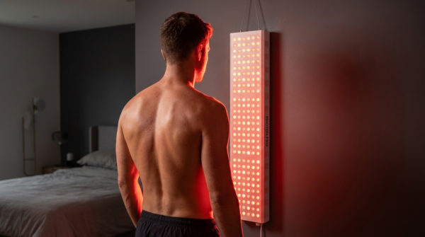 Mann steht mit freiem Ruecken dicht vor dem leuchtenden Photon Panel L im Schlafzimmer