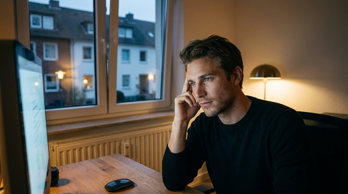 Mann starrt abends konzentriert auf den Monitor, die Augen brennen nach langer Bildschirmarbeit