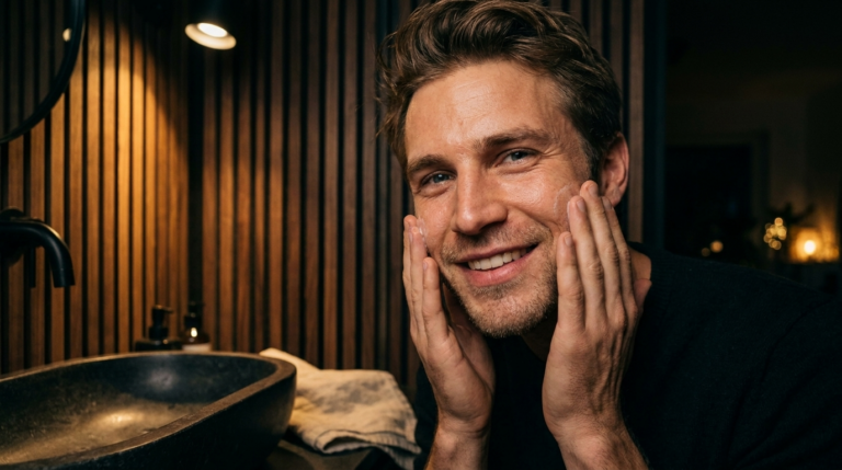 Junger Mann pflegt sein Gesicht in einem modernen Badezimmer mit dunkler Holzlamellen-Wand