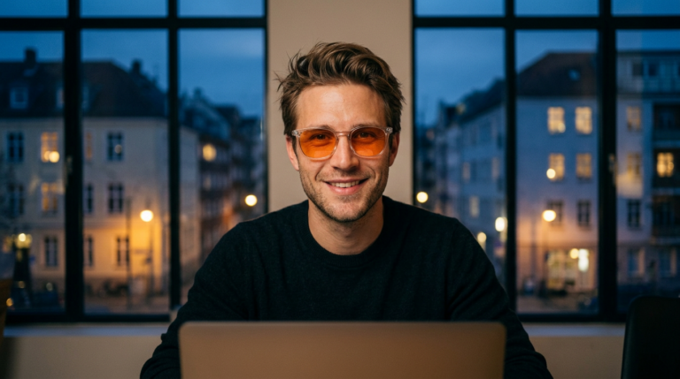 Junger Mann arbeitet abends am Laptop und trägt eine Blaulichtfilter-Brille mit klarem Rahmen und orange getönten Gläsern