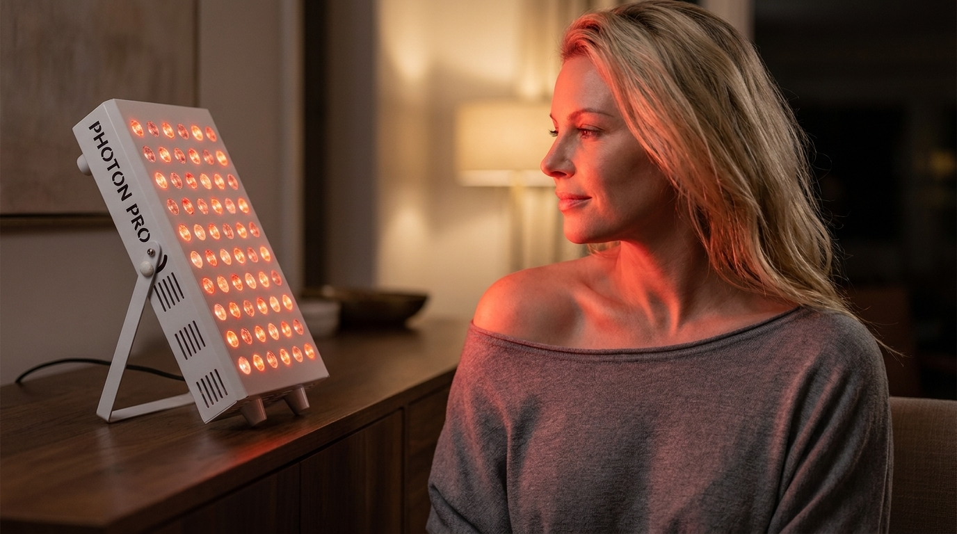 Frau bestrahlt Schulter und Nacken mit dem Photon Panel M auf seinem Klappstaender