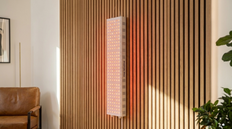 Photon Panel L Rotlicht-Panel hängt flach an einer Holzlattenwand und leuchtet warm rot