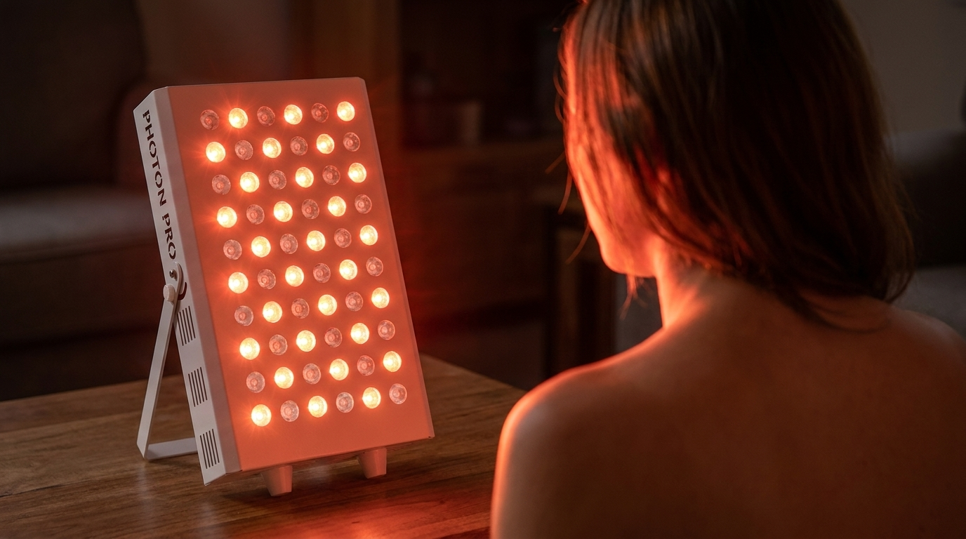 Photon Panel M auf dem Tisch beleuchtet eine Frau im abgedunkelten Wohnzimmer mit warmem Rotlicht