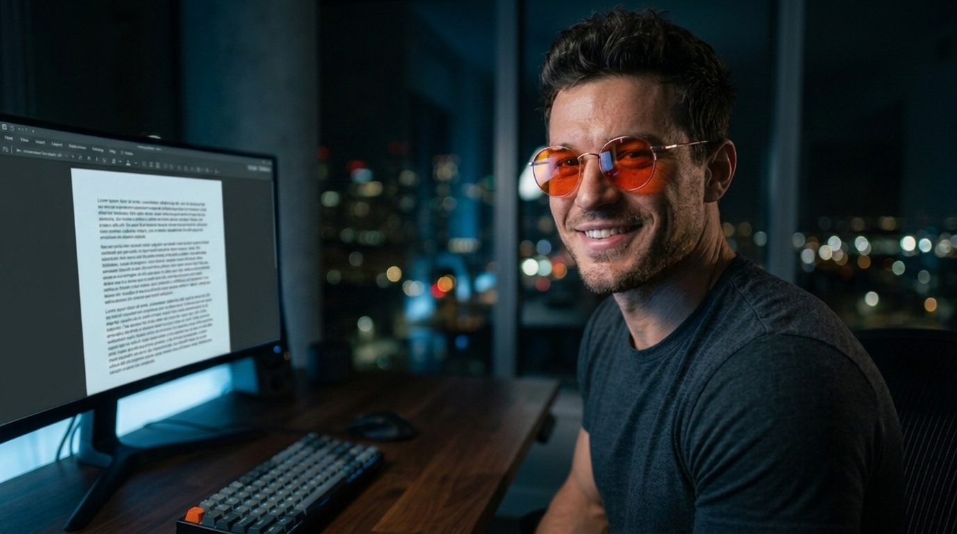 Mann mit Blaulichtfilter-Brille arbeitet abends am hell leuchtenden Monitor