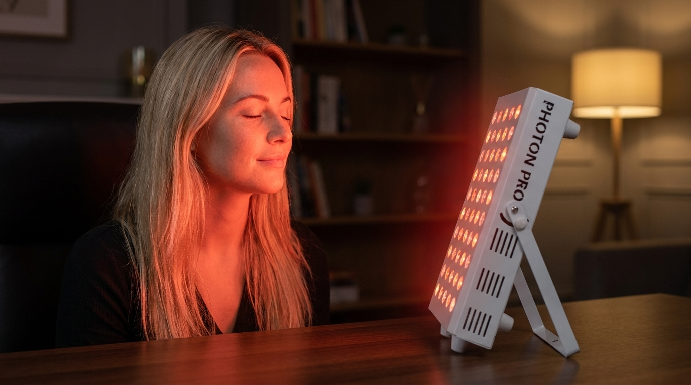 Frau sitzt mit geschlossenen Augen vor dem Photon Panel M auf dem Schreibtisch