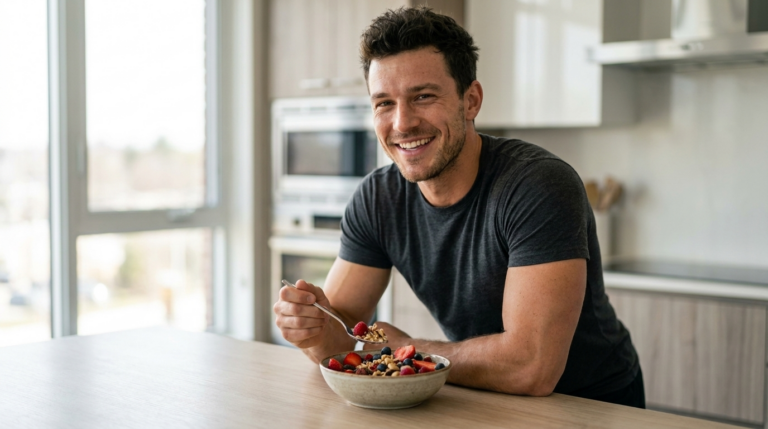 Mann isst morgens eine Schale Muesli mit Beeren in einer hellen Kueche