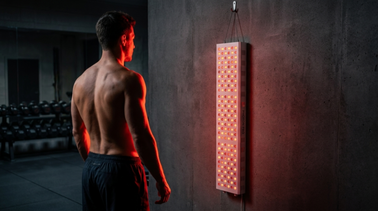 Athletischer Mann steht im abgedunkelten Home-Gym mit dem Rücken zur Kamera vor einem rot leuchtenden Photon Panel L an der Wand