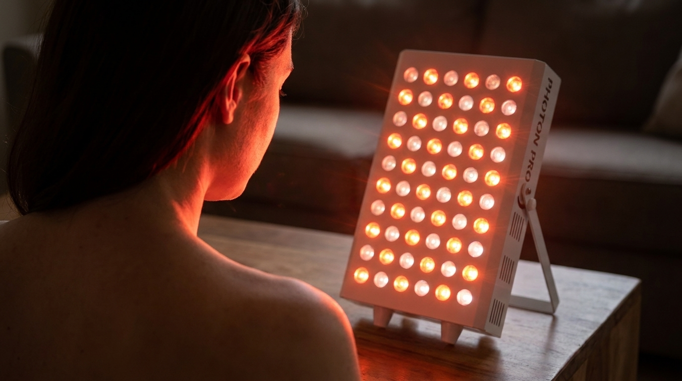 Frau sitzt im abgedunkelten Raum frontal vor einem leuchtenden Photon Panel M, über die Schulter fotografiert