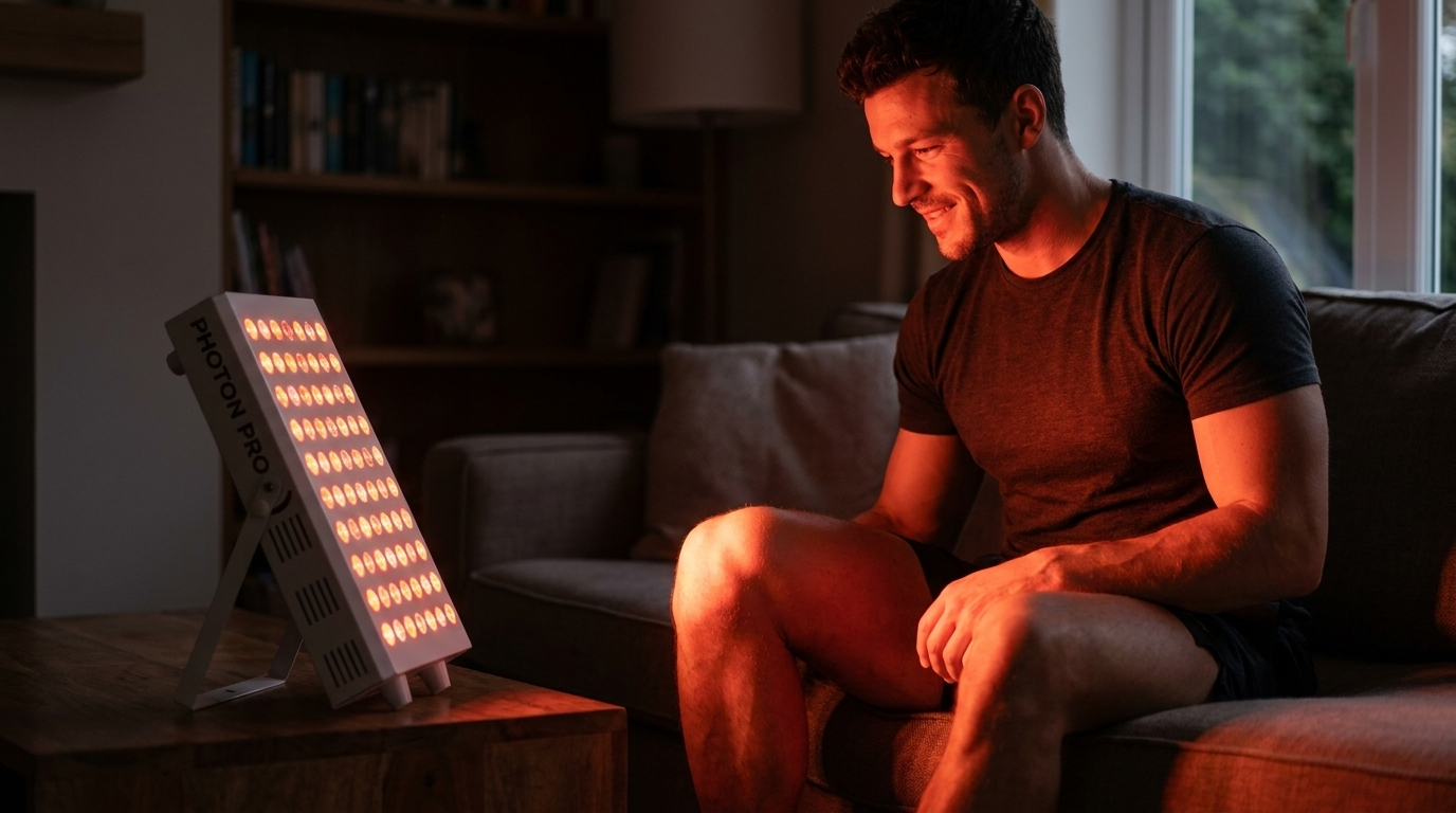 Mann bestrahlt sein Knie zu Hause mit dem Photon Panel M auf einem Beistelltisch