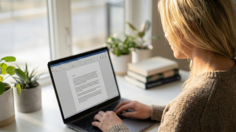 Frau arbeitet am Laptop an einem Textdokument, ueber die Schulter fotografiert