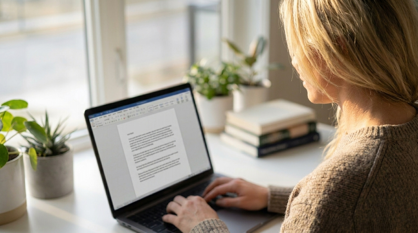 Frau arbeitet am Laptop an einem Textdokument, ueber die Schulter fotografiert