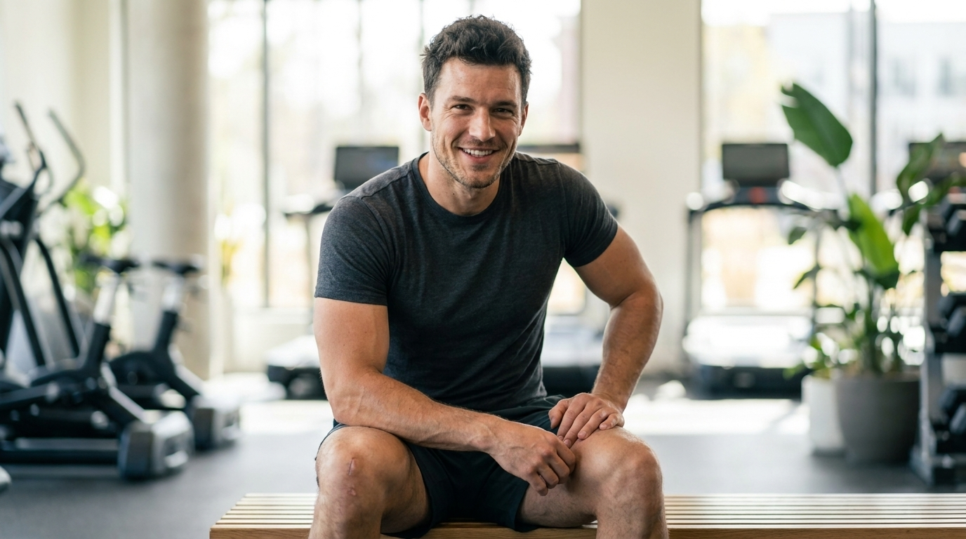 Sportlicher Mann sitzt lächelnd auf einer Bank im hellen Fitnessraum, am Knie eine hell verheilte Narbe
