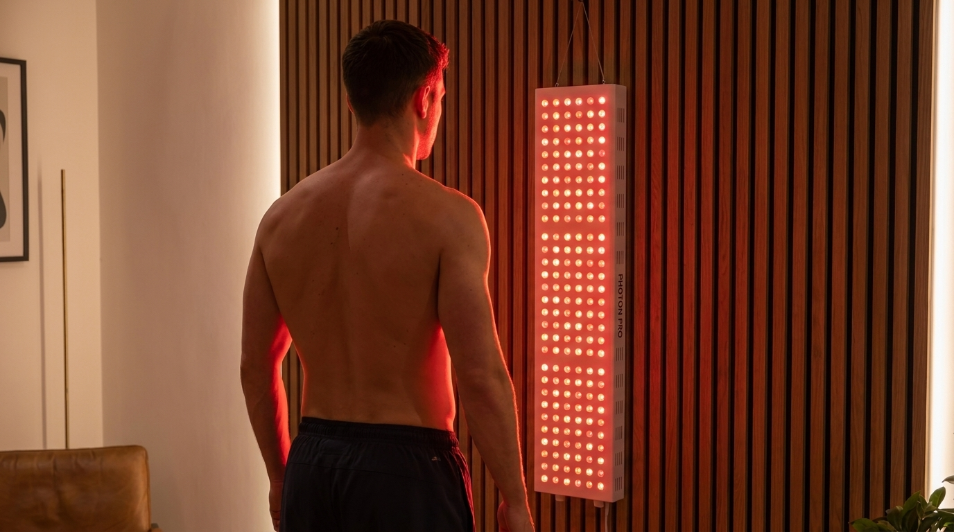 Mann steht mit freiem Ruecken vor dem an der Wand haengenden Photon Panel L