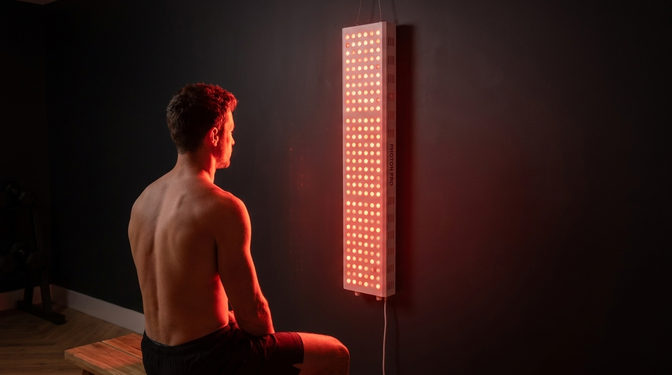 Mann sitzt mit freiem Oberkoerper vor dem an der Wand haengenden Photon Panel L