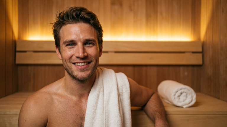 Mann sitzt entspannt auf der Holzbank einer Infrarotsauna