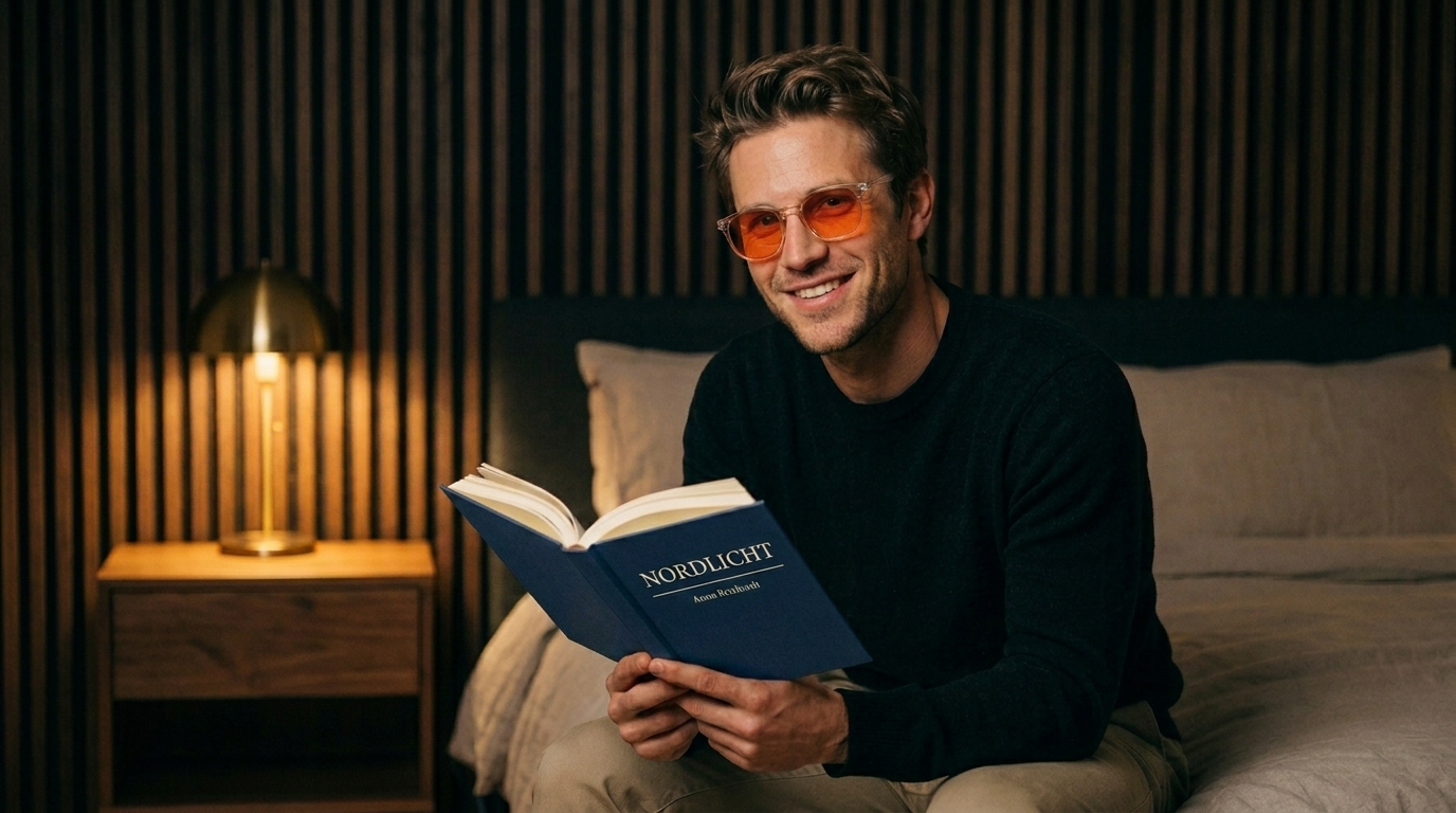 Junger Mann mit orange getoenter Blaulichtfilter-Brille liest abends entspannt auf dem Bett