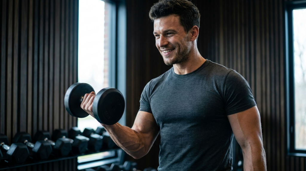 Muskulöser Mann trainiert lächelnd mit einer Kurzhantel im modernen Home-Gym