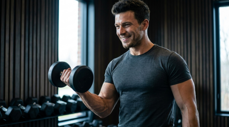 Muskulöser Mann trainiert lächelnd mit einer Kurzhantel im modernen Home-Gym