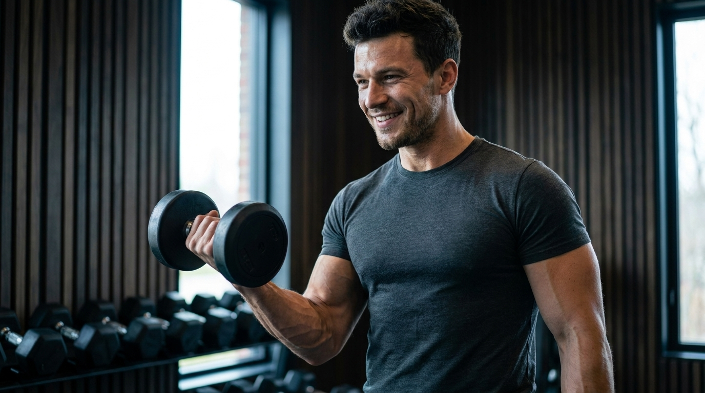 Muskulöser Mann trainiert lächelnd mit einer Kurzhantel im modernen Home-Gym