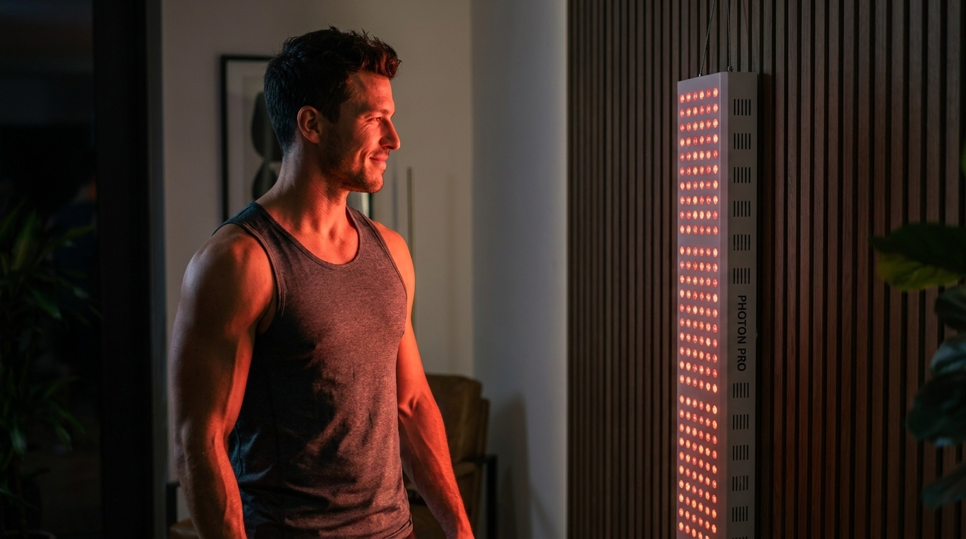 Sportlicher Mann neben einem hängenden Photon Panel L bei der Rotlichtanwendung rund ums Training