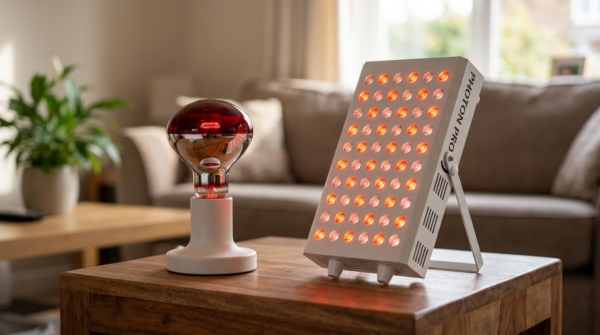 Klassische rote Infrarot-Wärmelampe neben einem Photon LED-Panel M auf einem Tisch im Wohnzimmer