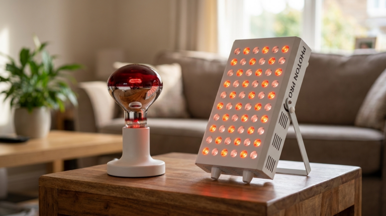 Klassische rote Infrarot-Wärmelampe neben einem Photon LED-Panel M auf einem Tisch im Wohnzimmer