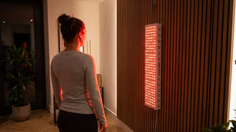 Frau steht vor dem an der Wand haengenden Photon Panel L im abgedunkelten Wohnraum